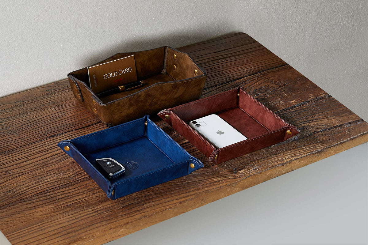 OARIE Leather Bedside Storage Tray - Jewelry Organizer for Girl's Key, Wallet, Coin Box - Travel PU Valet Tray (Dark Blue)