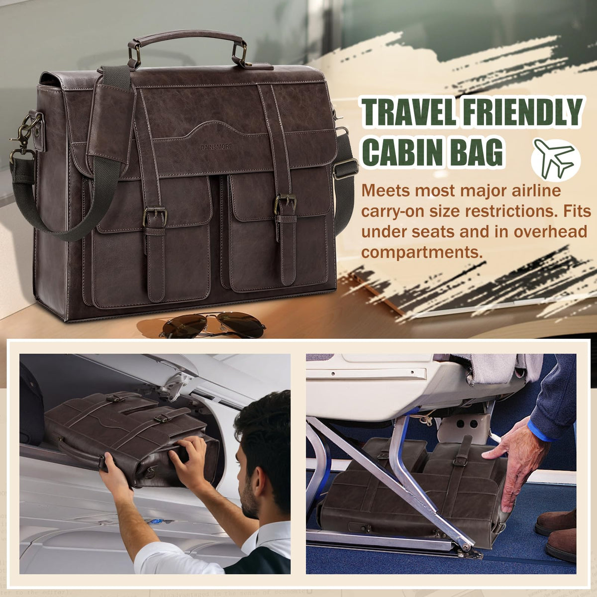 RAINSMORE Mens Messenger Bag 17 Inch Vintage Leather Laptop Briefcase Magnetic Closure Large Satchel Computer Shoulder Bag for Office Travel College, Coffee