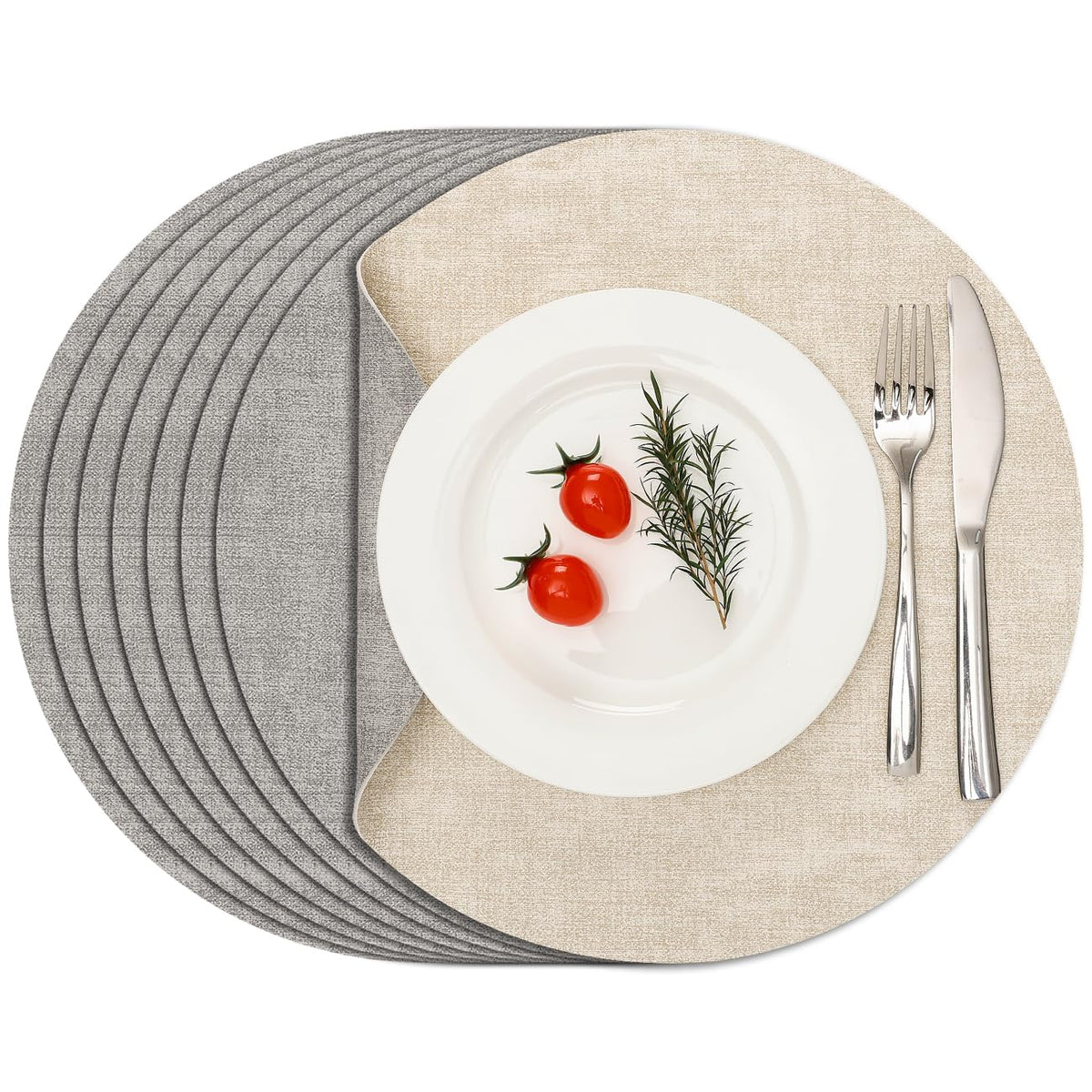 Myir JUN Reversible Vinyl Round Placemats Set of 8, Faux Leather Place Mats Dual Sided Waterproof Wipeable, Heat-Resistant Table Mats for Kitchen Dining Indoor Outdoor (14", Light Gray Cream-White)