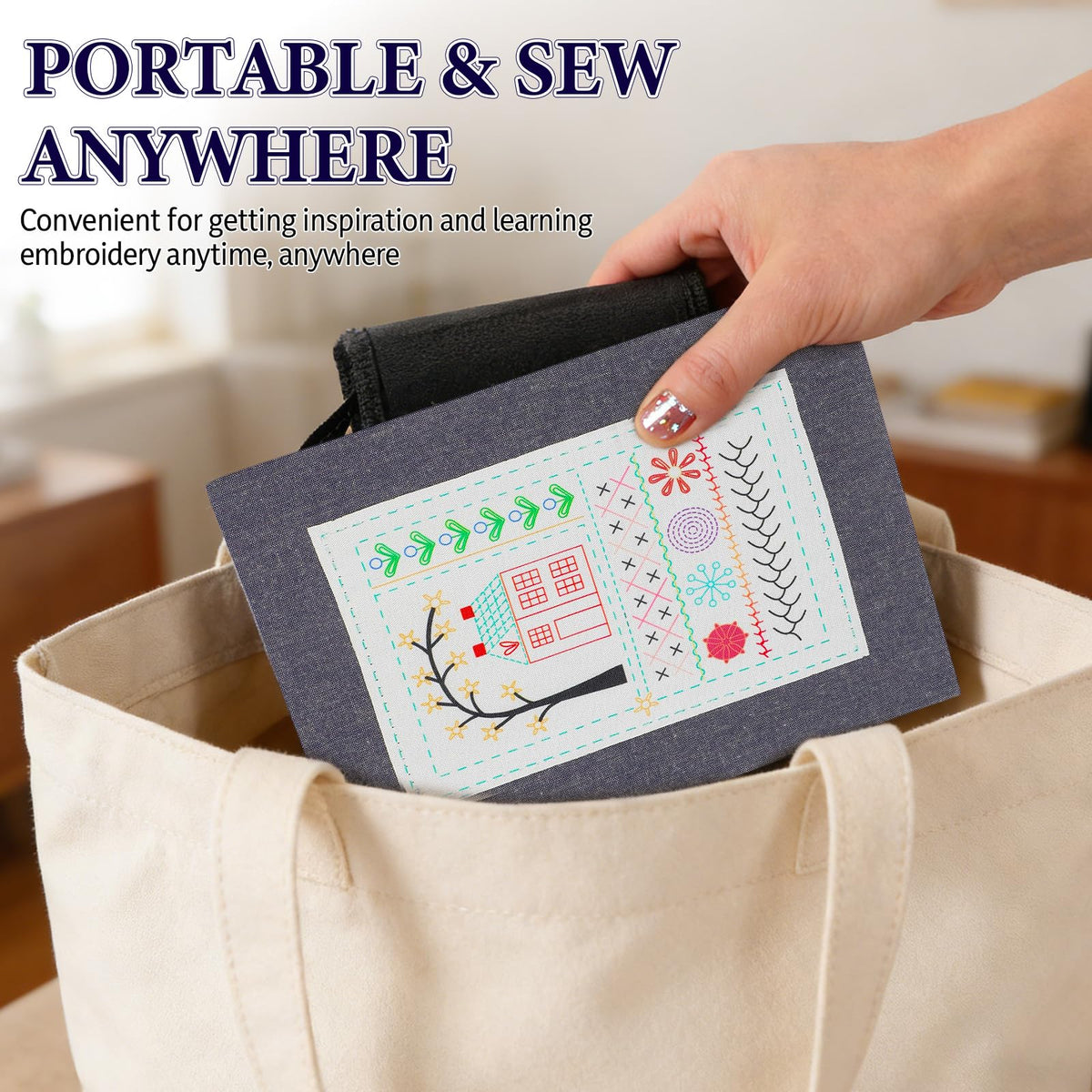 COLORCASA New Embroidery Stitch Book Kit,Embroidery Learning Book,Comes with a Complete Tool kit and Instructional Tutorial,106 Patterns for Beginners Craft Lovers and Sew Enthusiast