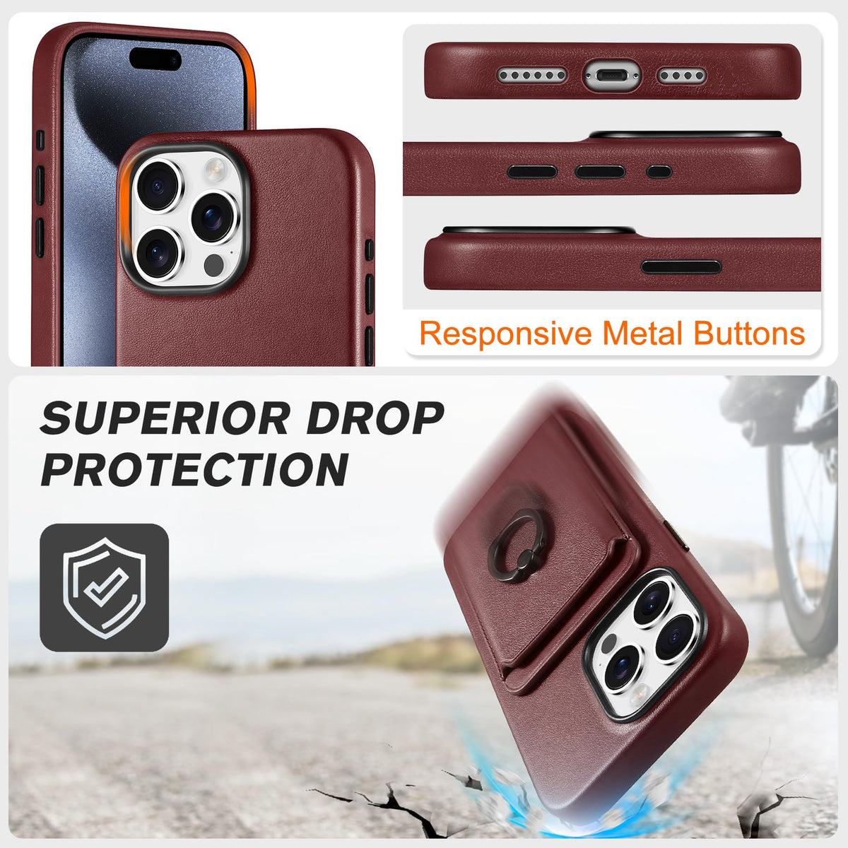 SHIELDON Genuine Leather Case for iPhone 15 Pro Max + Removable Magnetic Card Holder, Magnetic Wireless Charging Non-Slip Stand RFID Blocking Shockproof Compatible with iPhone 15 Pro Max - Wine Red