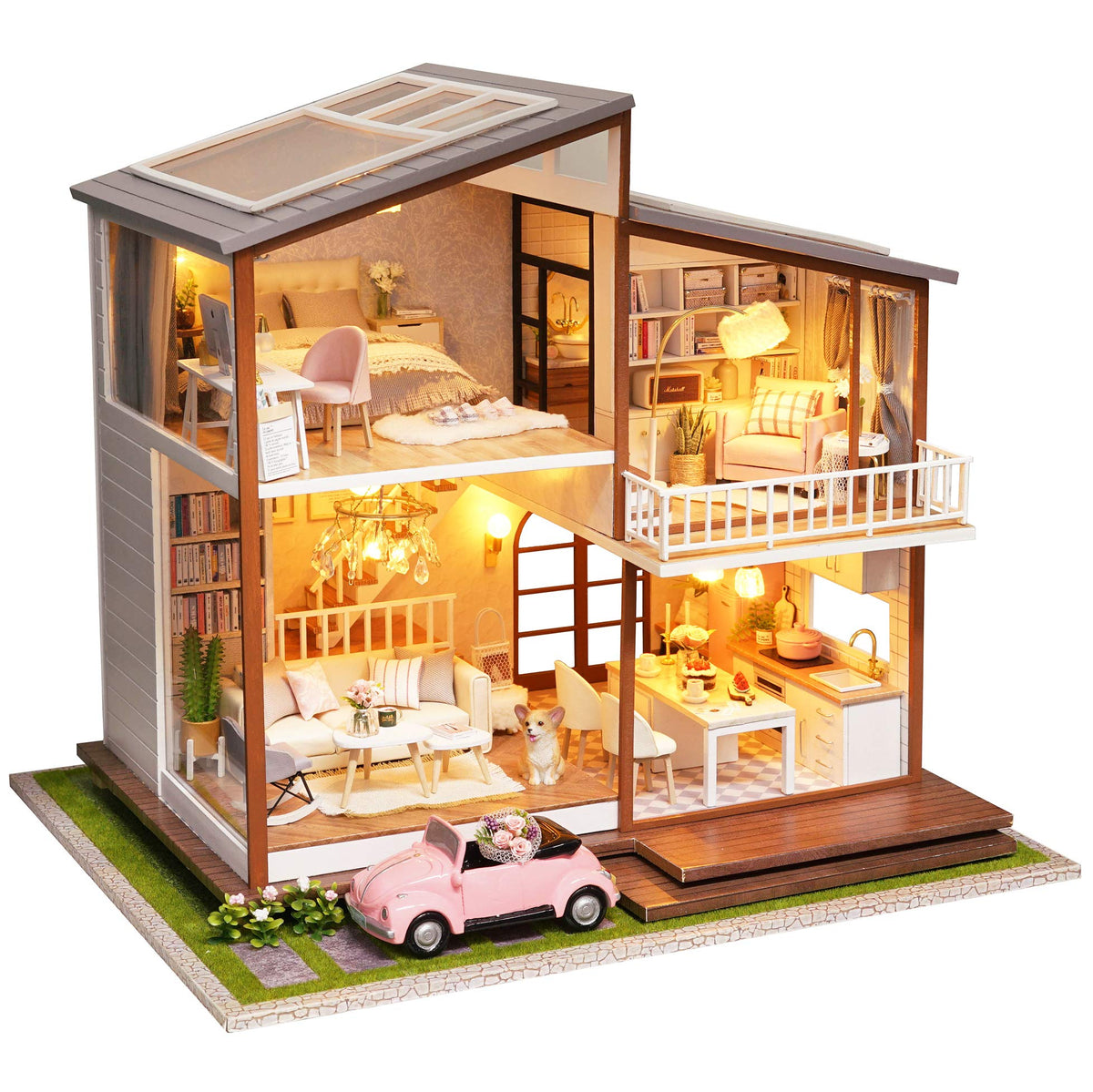 Spilay DIY Dollhouse Miniature with Wooden Furniture,DIY Dollhouse Kit Large Villa Model with LED Light & Music Box,1:24 Scale Creative Room Gift for Adult Teenager