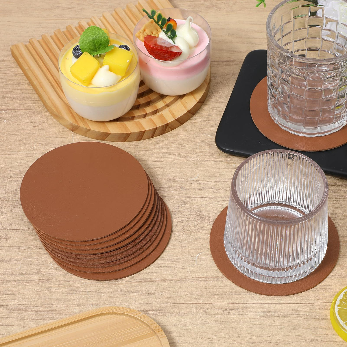 Oqqlin 60 Pcs PU Leather Coasters, 4 Inch Round Leather Coasters 10 mm Thickness Brown Drink Coaster for Home, Coffee, Tabletop Protection, Home Decoration