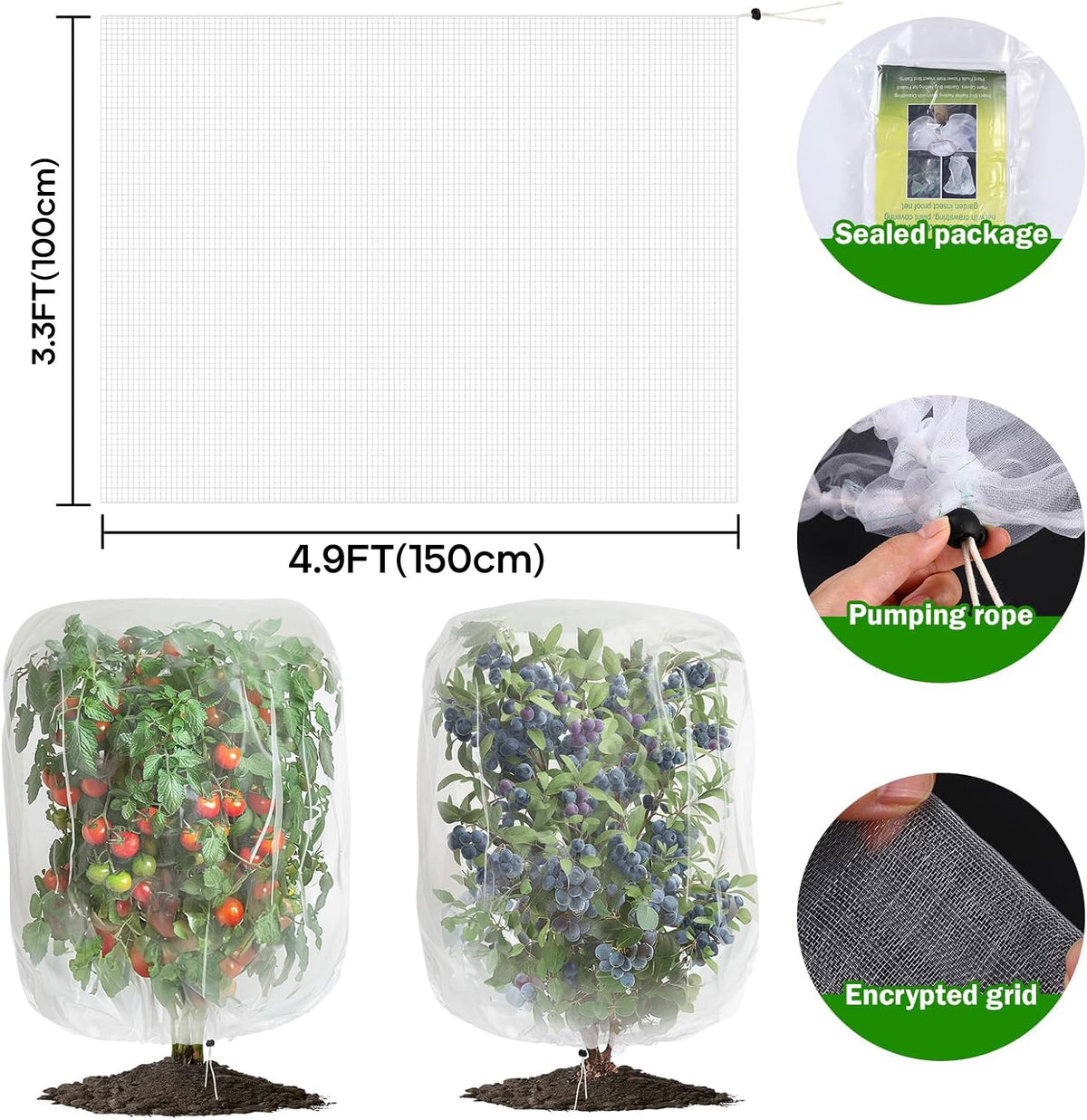 2 PCS Fruits Tree Netting Cover for Garden 3.3 x 4.9 ft Garden Insect Bird Barrier Plant Netting for Tomato Blueberry Bush Netting Covers Deer Cicada Netting Cover Bag with Drawstring