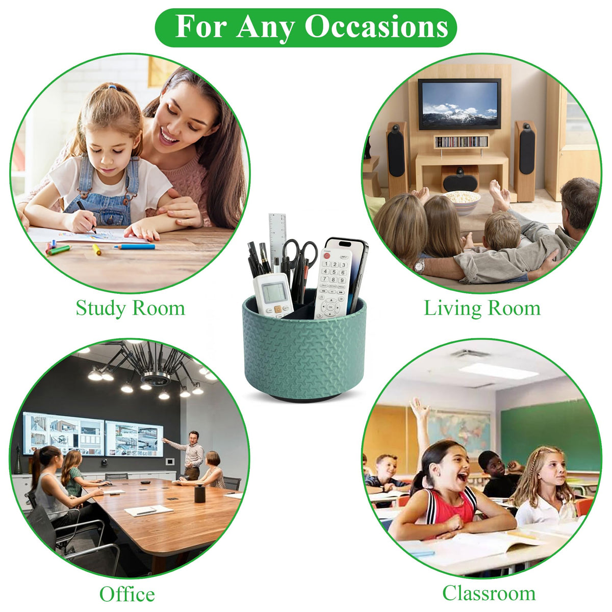 QIELIZI Round Leather Art Supply Organizer,Remote Control Holder,360 Degree Rotating,Multi-Functional Pencil Holder,4 Compartments Desktop Stationary Organizer(1-Triangle Green)