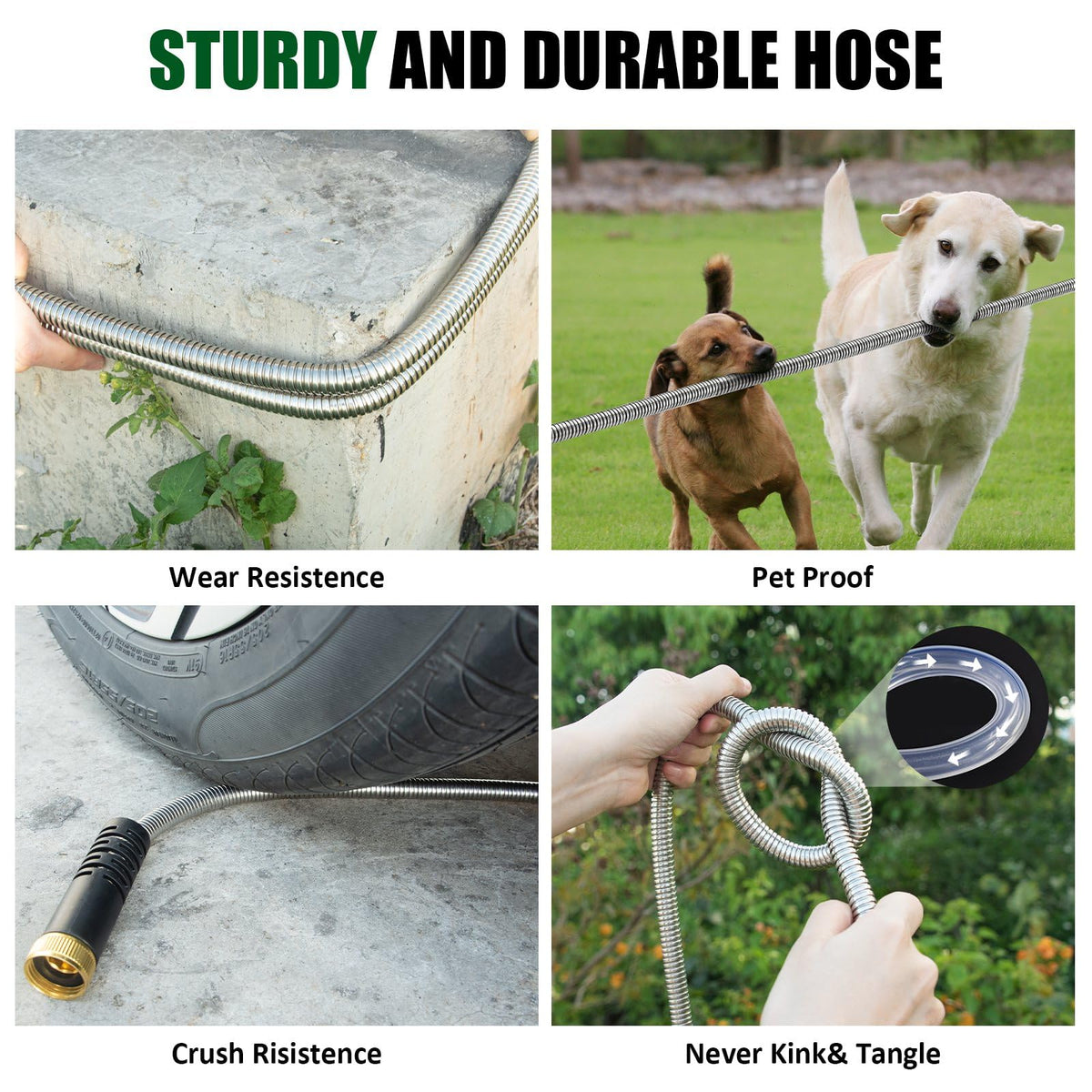 Garden Hose 50 ft, Stainless Steel Water Hose 50ft Heavy Duty with 10 Function Nozzle, Flexible No-Kink Metal Hose 50 Feet, Pet-Proof Water Pipe for Outside Yard