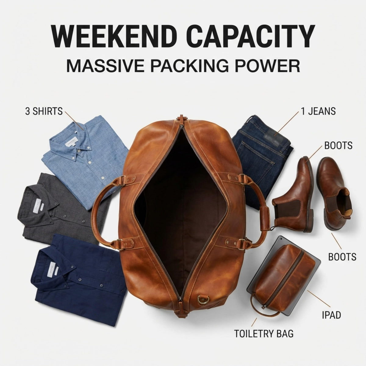 Cuero Full Grain Leather Duffle Bag for Men, Buffalo Overnight Weekend Travel Bag, Carry On with Organized Pockets, YKK Zippers, Adjustable Strap (Tan)