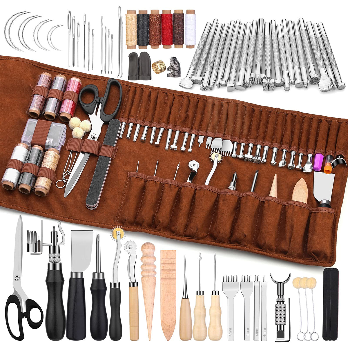 TLKKUE Leather Working Tools Leather Craft Tools for Carving Stamping Sewing Punching Cutting with Custom Storage Bag Professional Tooling Kit for Crafting, Repair & DIY Projects