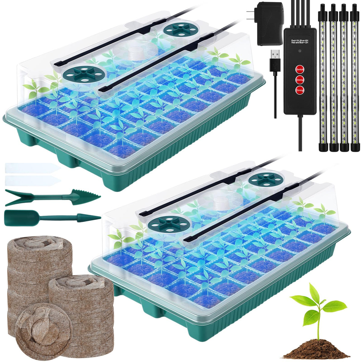 FillTouch 2 Packs 80 Cells Seed Starter Trays Kit with 4 Grow Light Seed Starter Kit Seedling Starter Trays with Humidity Dome and 80 Pcs Peat Pellet for Garden Seeds Propagation Seedlings