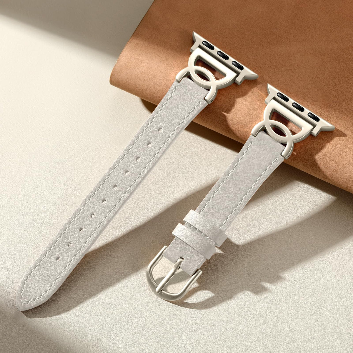 DaQin Slim Leather Band Compatible with Apple Watch Band for Women 40mm 38mm 41mm 42mm, Dressy Leather Strap with Designer DC-shaped Buckle for iWatch Bands Series 11 10 9 8 7 6 5 4 3 2 1 SE,Starlight