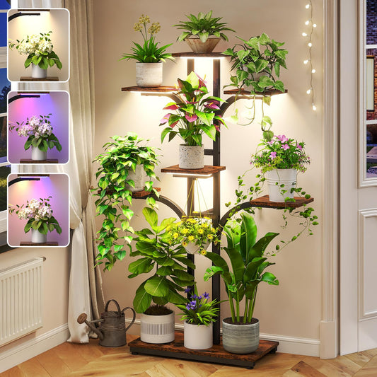 ikkle Plant Stand Indoor with 4 Grow Lights & 3 Colors, 54" Tall 7-Tier Corner Plant Shelf for Indoor Plants Multiple, Tree-Shaped Flower Display Holder with Large Bottom Shelf for Tall Plants, Home Decor