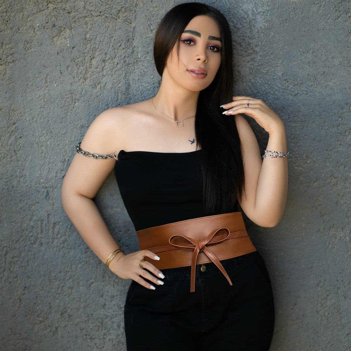 macoking 2 Pack Wide Obi Belts for Women Lace Up Wrap Thick Faux Leather Corset, Black&Brown, L