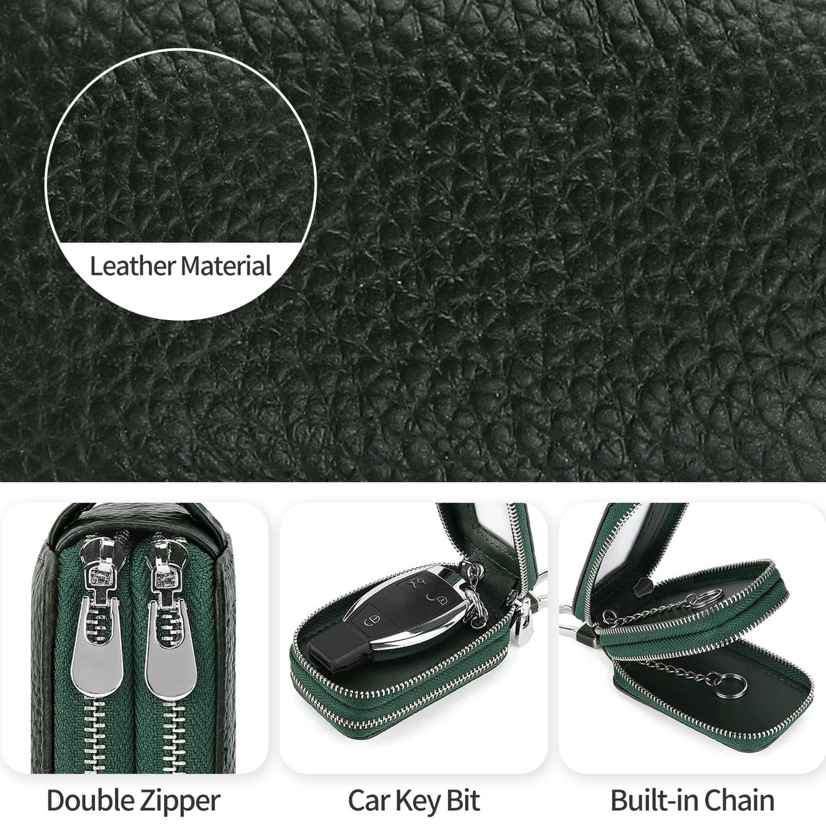 SENDEFN Car Key Fob Case Double Zipper Leather Smart Remote Keychain Protector Holder with Transparent Window