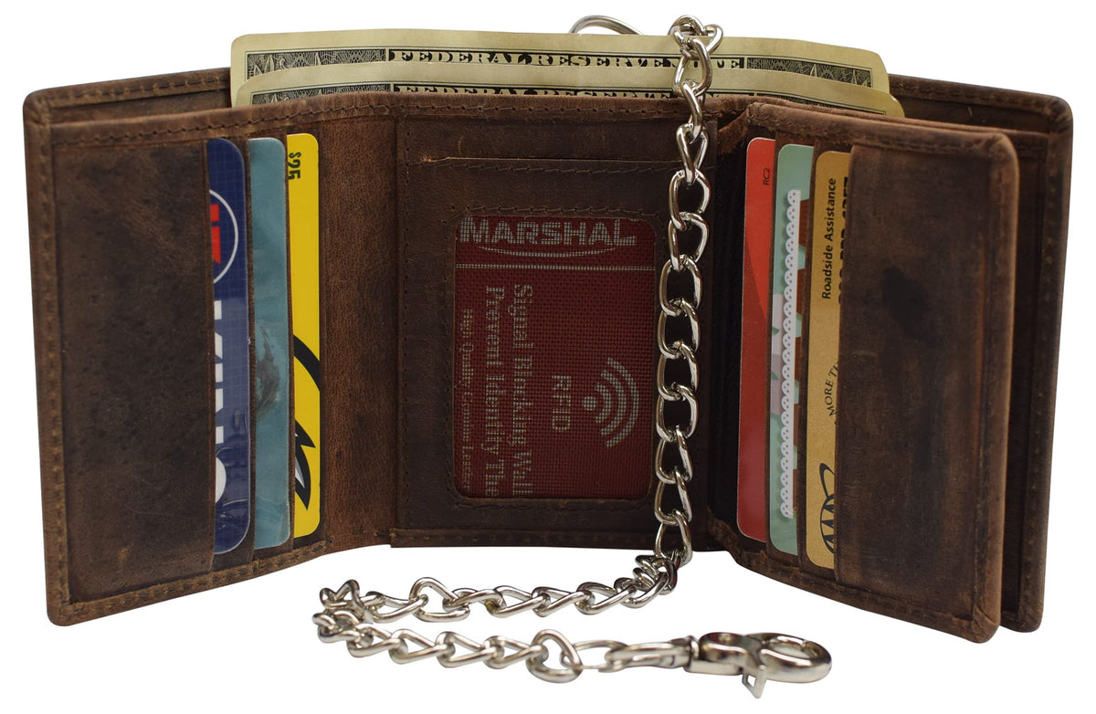 RFID Blocking Mens Chain Biker Vintage Genuine Leather Classic Trifold Wallet (Brown with Chain)