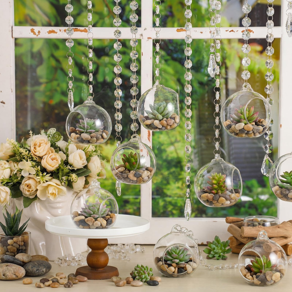 GlikCeil 112 Pcs 3.15'' Hanging Glass Tealight Holder with Clear K9 Crystal Garland Strands and Maple Leaf Pendants Globe Plant Terrariums Glass Orbs for Wedding Party Valentine Decoration