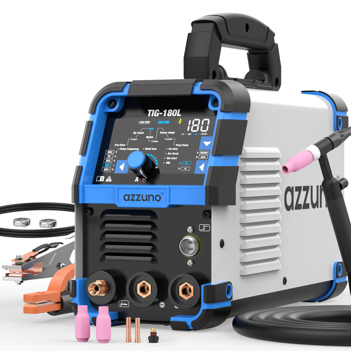 AZZUNO Cold TIG Welder With Pulse 180Amp Large LED Display, 5-in-1 DC HF TIG/PULSE TIG/COLD/SPOT TIG/STICK, 110V&220V Dual Voltage TIG Welding Machine