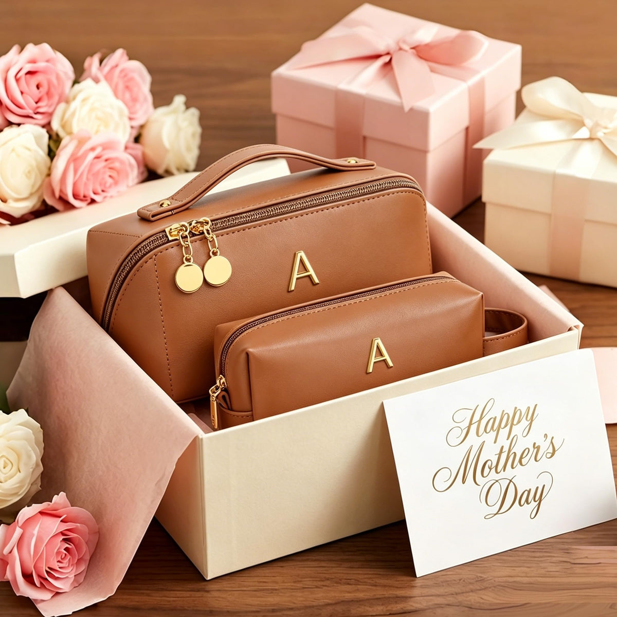 KKXIU Initial Makeup Bag for Women - Personalized Makeup Bag Gifts for Women, Travel Toiletry Bag with PU Leather, Open Flat Design with Top Handle, Cosmetic Bag Set with Multi-Pocket (Brown,A)