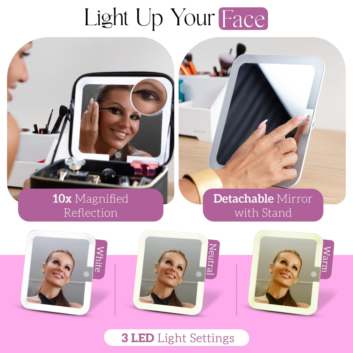 Girl About Town Travel Makeup Bag with LED Mirror - LED Makeup Bag with 10x Magnifier Mirror and Beauty Blender Included - Water-Resistant & Customizable Makeup Case with Lighted Mirror