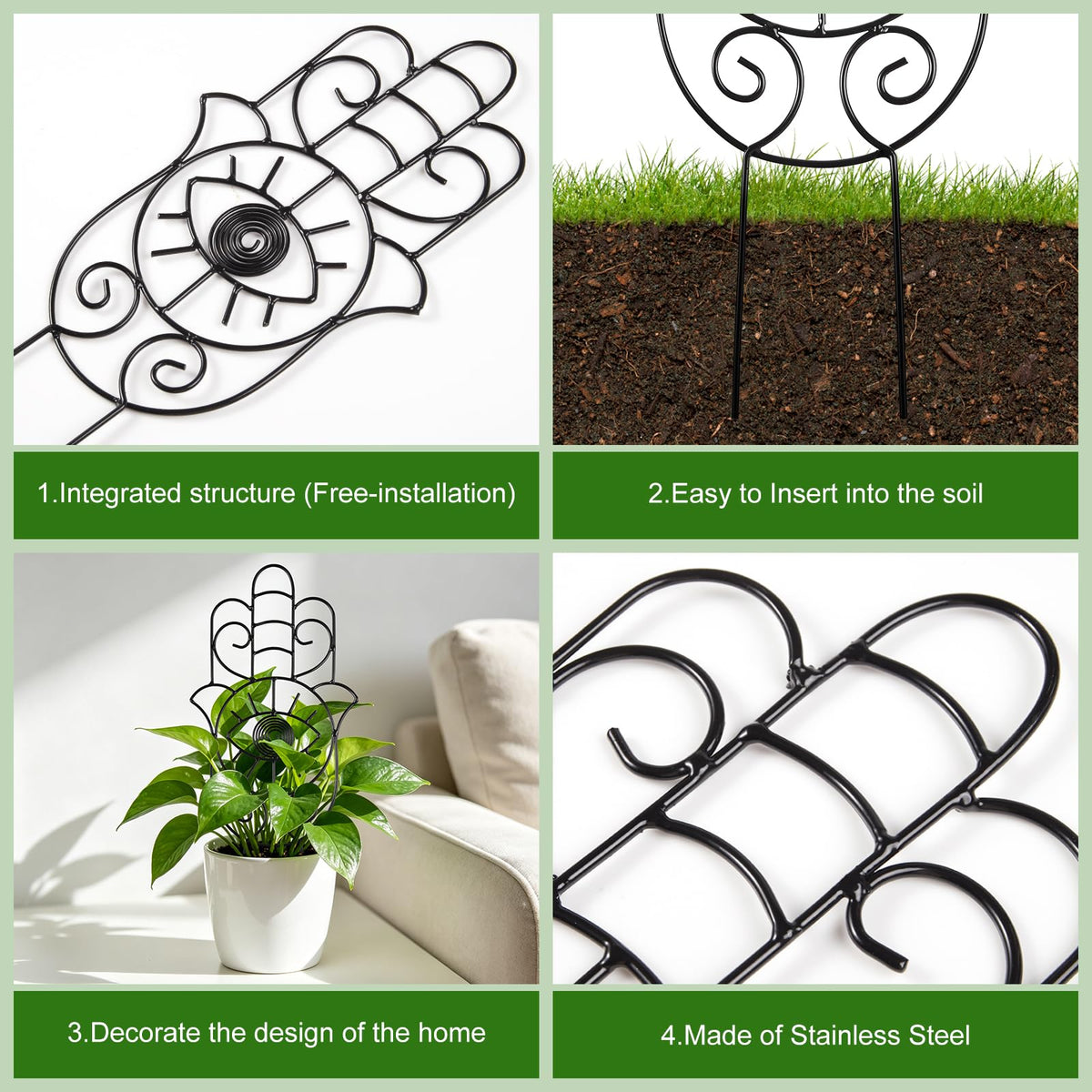 2 Pack Decorative Plant Trellis, 15 Inch Hand Style Metal Plant Support Stakes, Metal Decorative Curved Art Plant Trellis for Indoor Potted Climbing Plants Vines Flower Houseplant Garden Decor