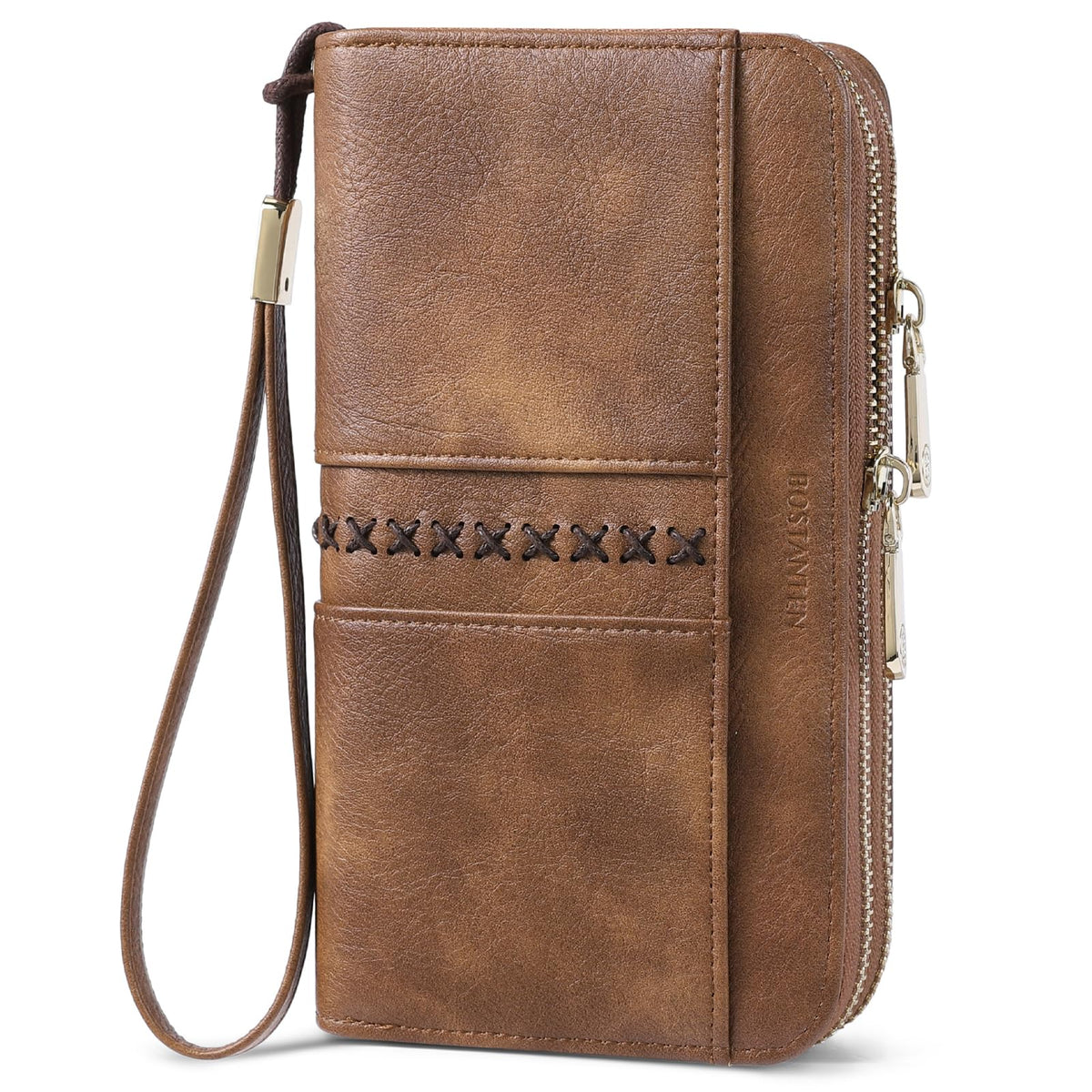 BOSTANTEN Wallets for Women Leather RFID Double Zipper Around Credit Card Holder Large Capacity Wristlet Clutch Wallet with Grip Hand Strap Brown