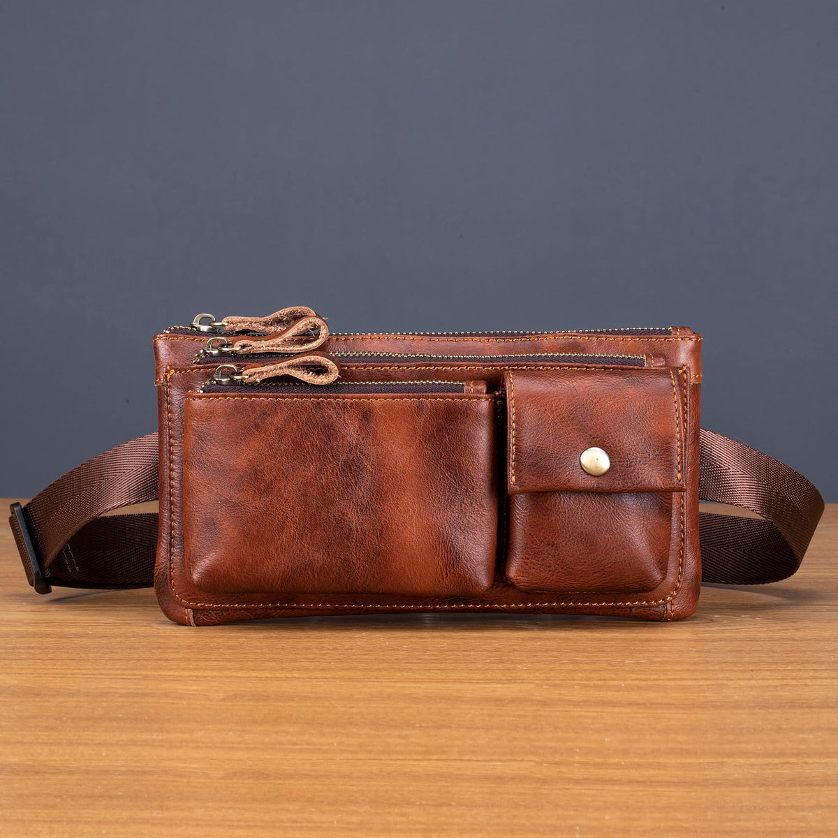 Myunxui Genuine Leather Fanny Pack Waist Bag for Men Women Clutch Bag Hip Bum Travel Pouch Sling Crossbody Chest Bags Shoulder Daypack Multiple Pockets Waist Pack Brown