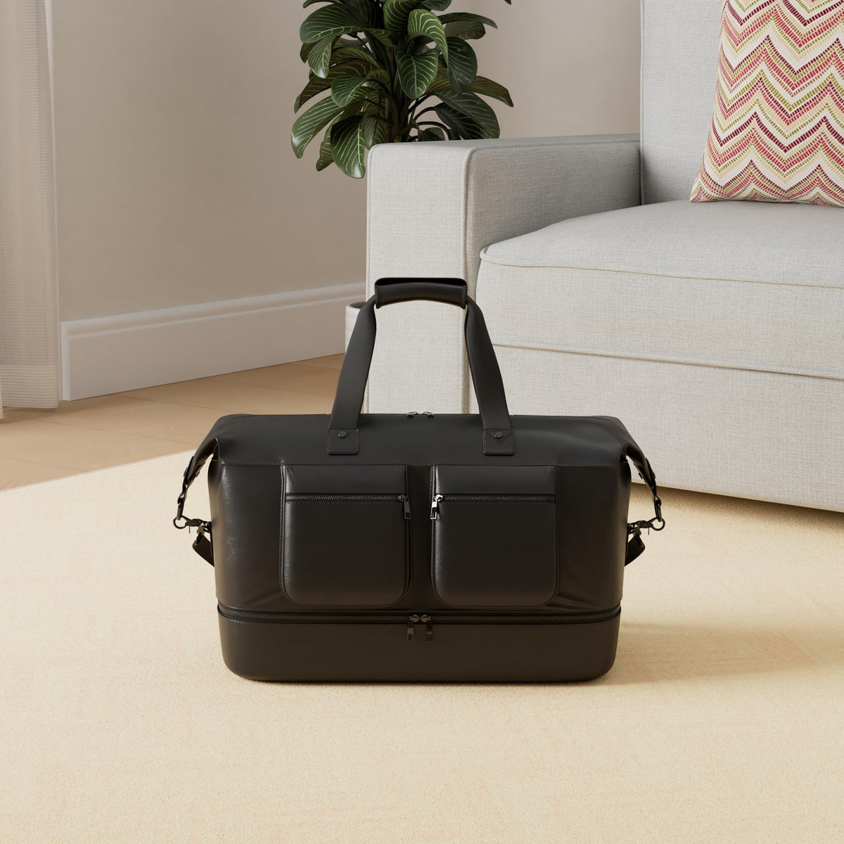 Pu Leather Travel Duffle Bag, Overnight Weekender with Shoe Compartment - Large Gym Bag for Men & Women - Black