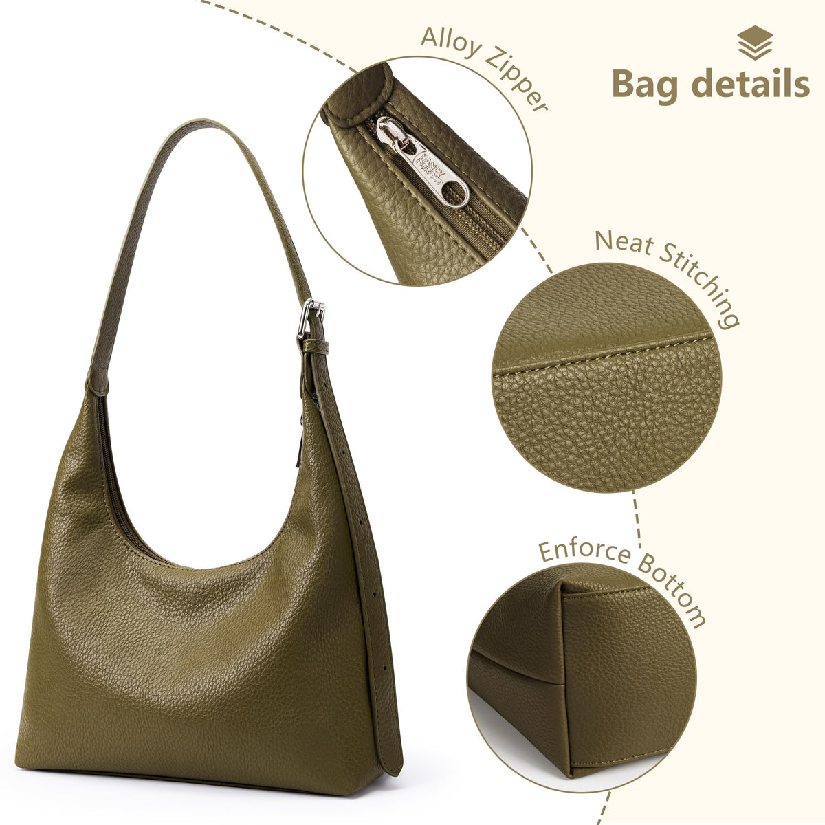 KALIDI Crescent Tote Bag, Women Underarm Handbag Vegan Leather Zipper Shoulder Purse Hobo for Evening Shopping Casual