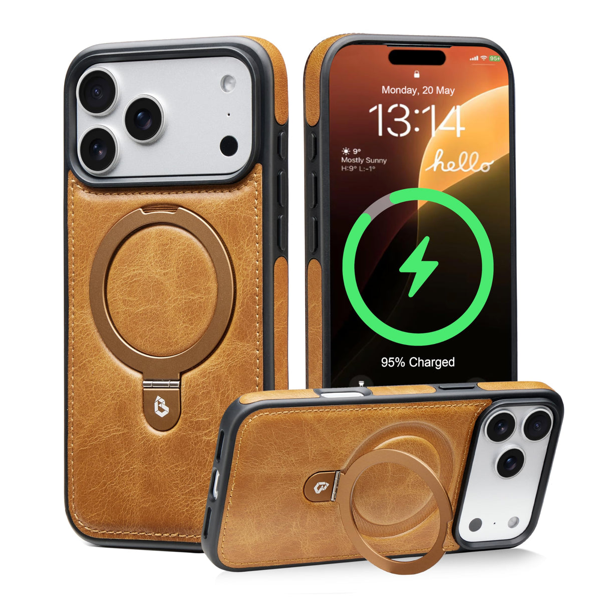 Bullroye for iPhone 17 Pro Max Case Leather Top-Grain Handcrafted with Stand, Fits for MagSafe (English Tan, iPhone 17 Pro Max)