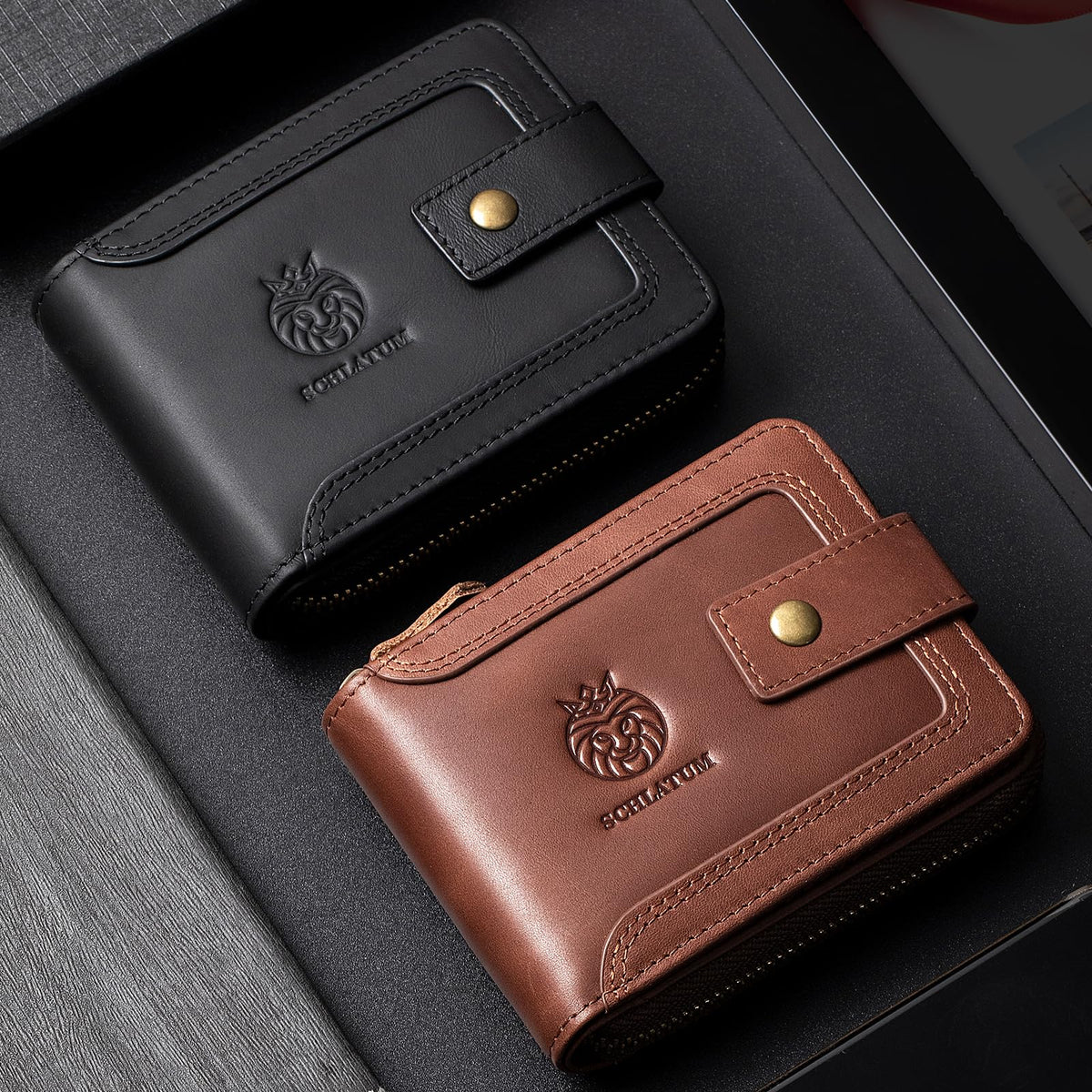 SCHLATUM Genuine Leather Zipper Wallet for Men RFID Blocking Large Capacity Vintage Wallet with Coin Pocket ID Window, Coffee