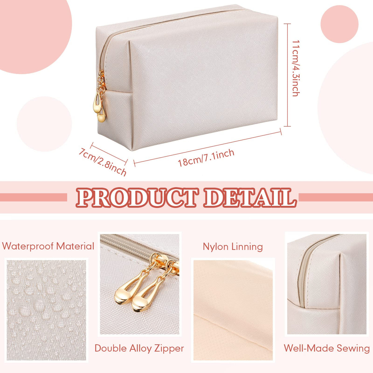 Kigeli Aesthetic Makeup Bags PU Leather Cosmetic Pouches Waterproof Plain Toiletry Bags Makeup Pouches Bulk for Women Party Gift Travel Storage Organizer(Ivory White,7.1 x 2.8 x 4.3 in)