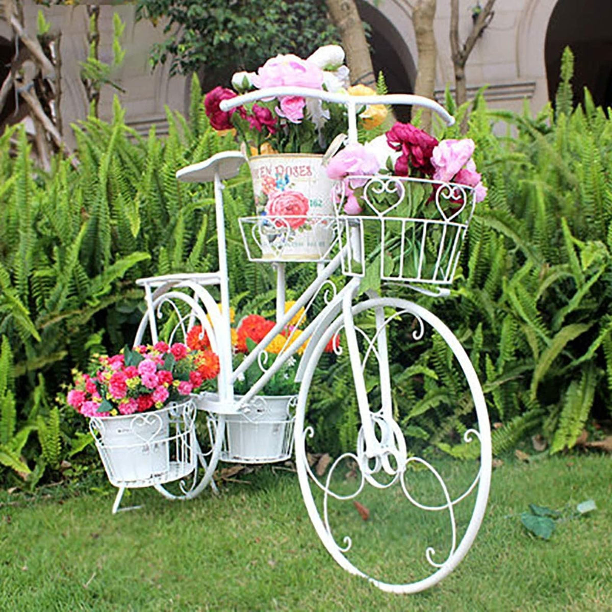 piudoiliy Plant Stand,Bicycle Planter Display Rack,with 4 Baskets Outdoor Garden Plant Holder,for Home Deck Garden Patio (Green)