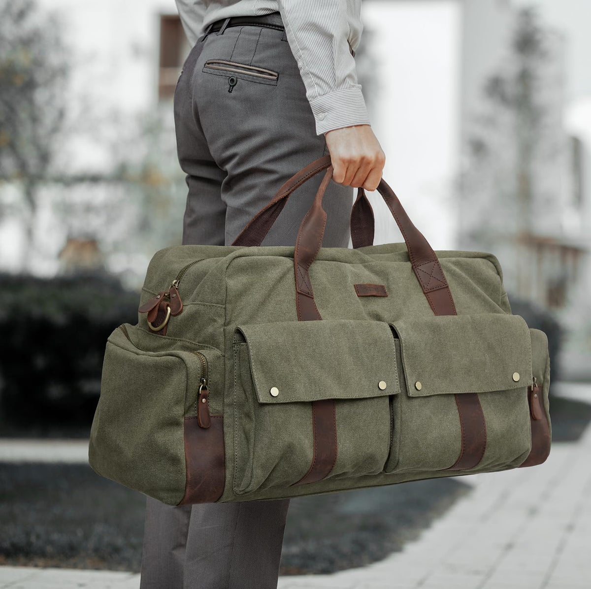 S-ZONE Large Canvas Travel Duffel Bag Weekend Overnight Bag Carry on Leather Trim Holdall Gym Bag with Multi-Pockets for Men and Women, Army Green