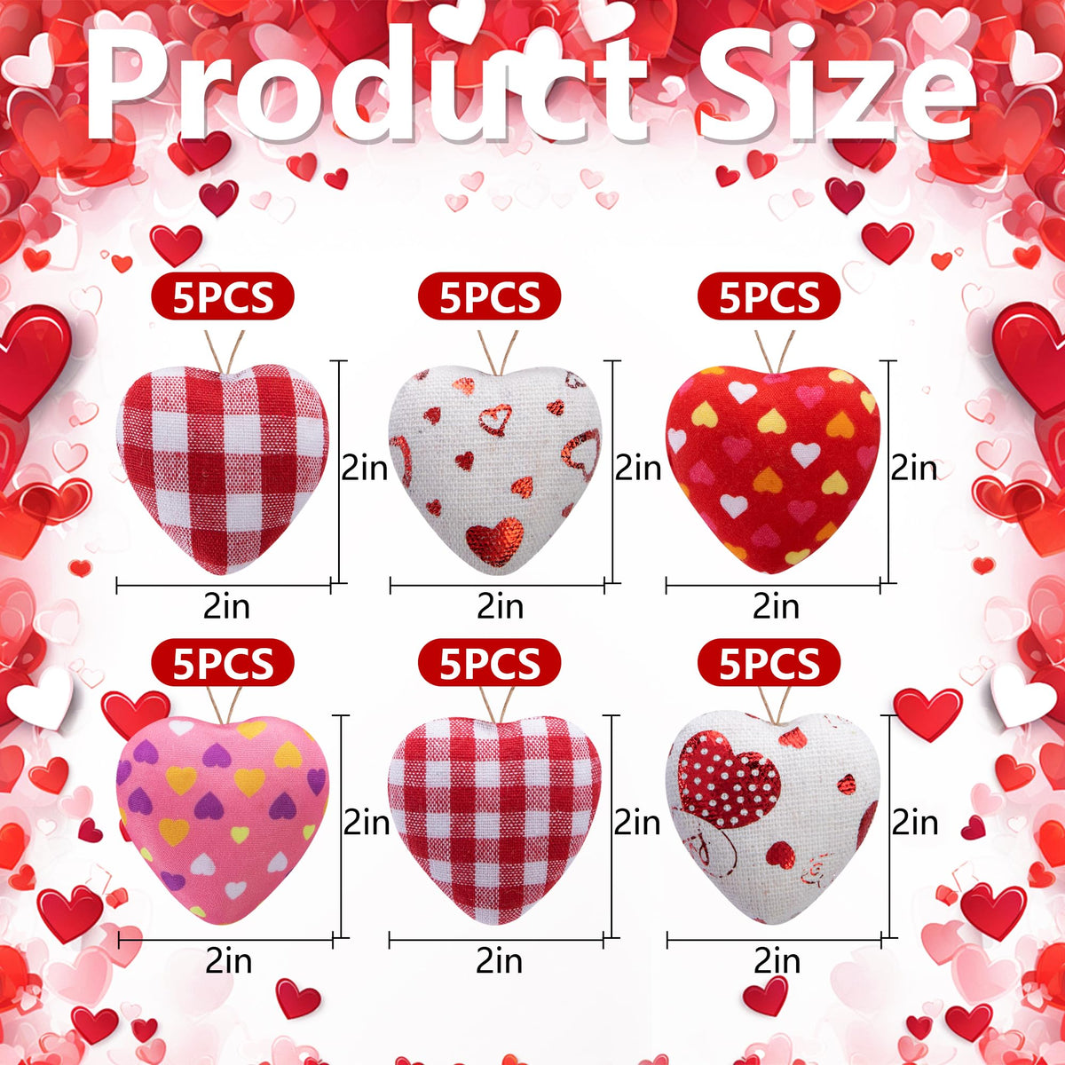 EBaokuup 30 Pcs Valentines Fabric Heart Ornament for Hanging-6 Styles Red Pink Buffalo Plaid Check-Heart-Shaped Hanging Decoration for Valentine's Day Home Decor Wedding Party DIY Crafts