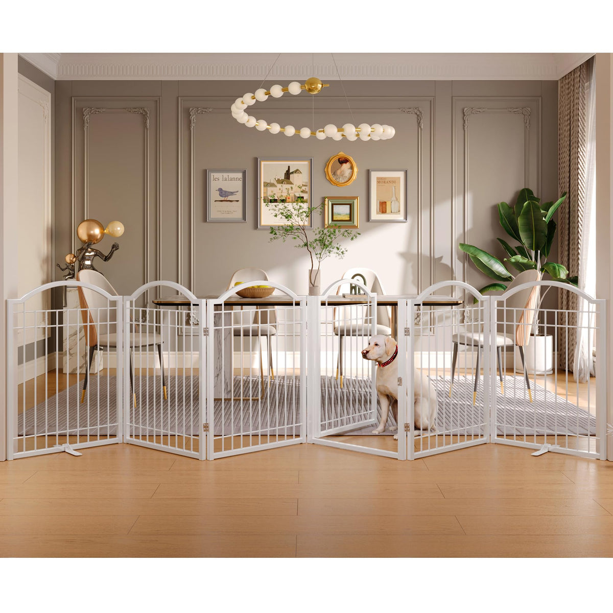 BHG Metal No-Assembly Freestanding Dog Gate with Door Walk Through, Extra Wide 144", Extra Tall 32" Pet Gate, Accordion Puppy Folding Playpen Dog Fence, with 2PCS Support (White, 6 panesl)
