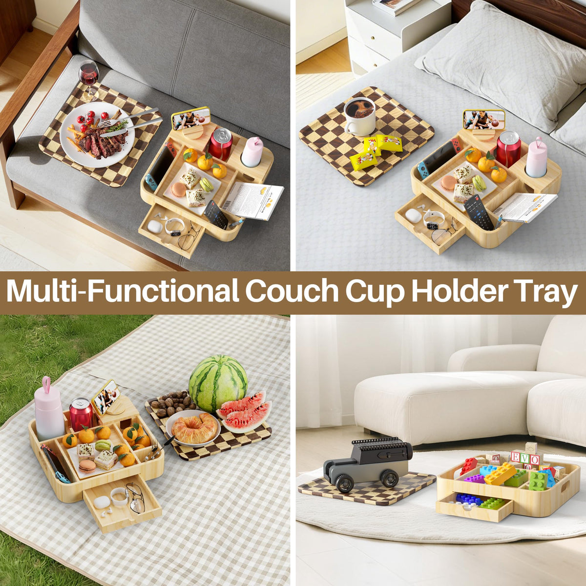 Couch Cup Holder, Checkered Couch Tray Cup Holder Sofa Tray, Large Capacity 2-Tier Wooden Trays with Drawer for Sofa, Bed, Picnic, Drinks, Remote, Cell Phone,TV Trays (Solid Pine Wood)12.5*12.5 in