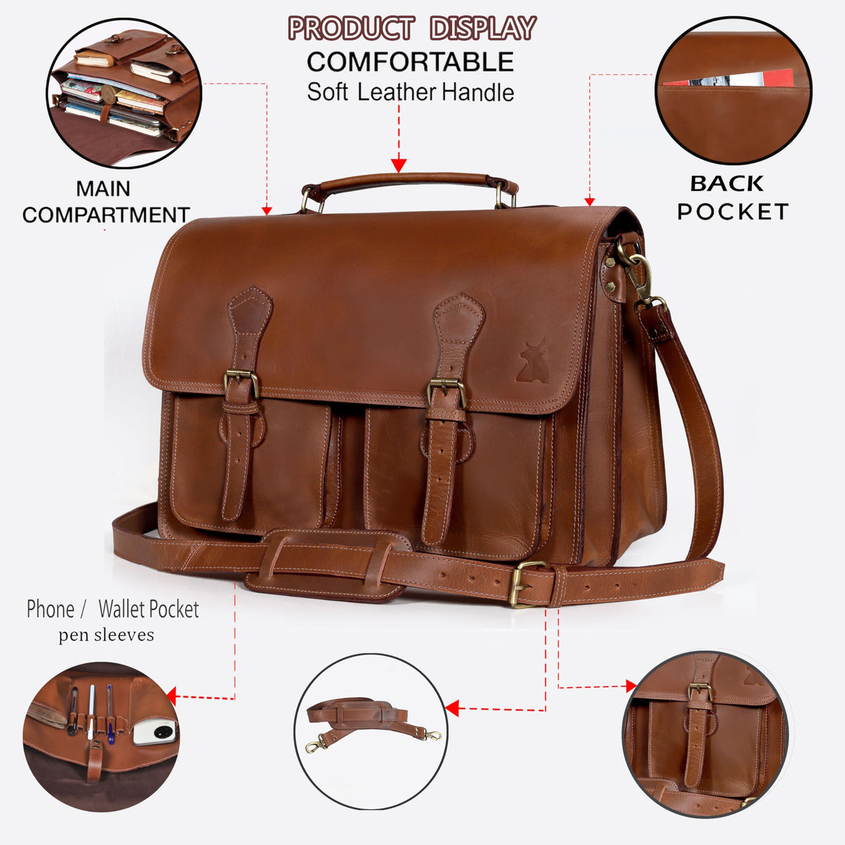 Leather Messenger Bag For Men - leather laptop bag briefcase for women - Mens Satchel Bag, 18 Inch Brown Genuine Buffalo Leather Computer Bag For Work