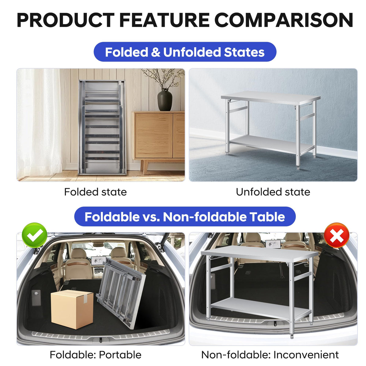 GAOMON 60" Folding Stainless Steel Table, 920 LBS Commercial Worktable Workstation with Undershelf for Prep & Work, NSF Stainless Steel Kitchen Island for Home Kitchen Restaurant Garage Warehouse