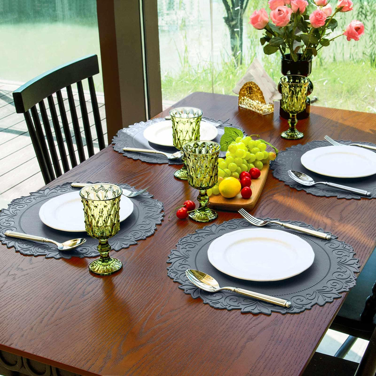 Noctiflorous Round Faux Leather 15 Inch Placemats Set of 6 Waterproof Wipeable Heat Resistant Tablemat for Dining Table Kitchen Non Slip Washable Oilproof Table Place Mat(Graphite Gray, 6)