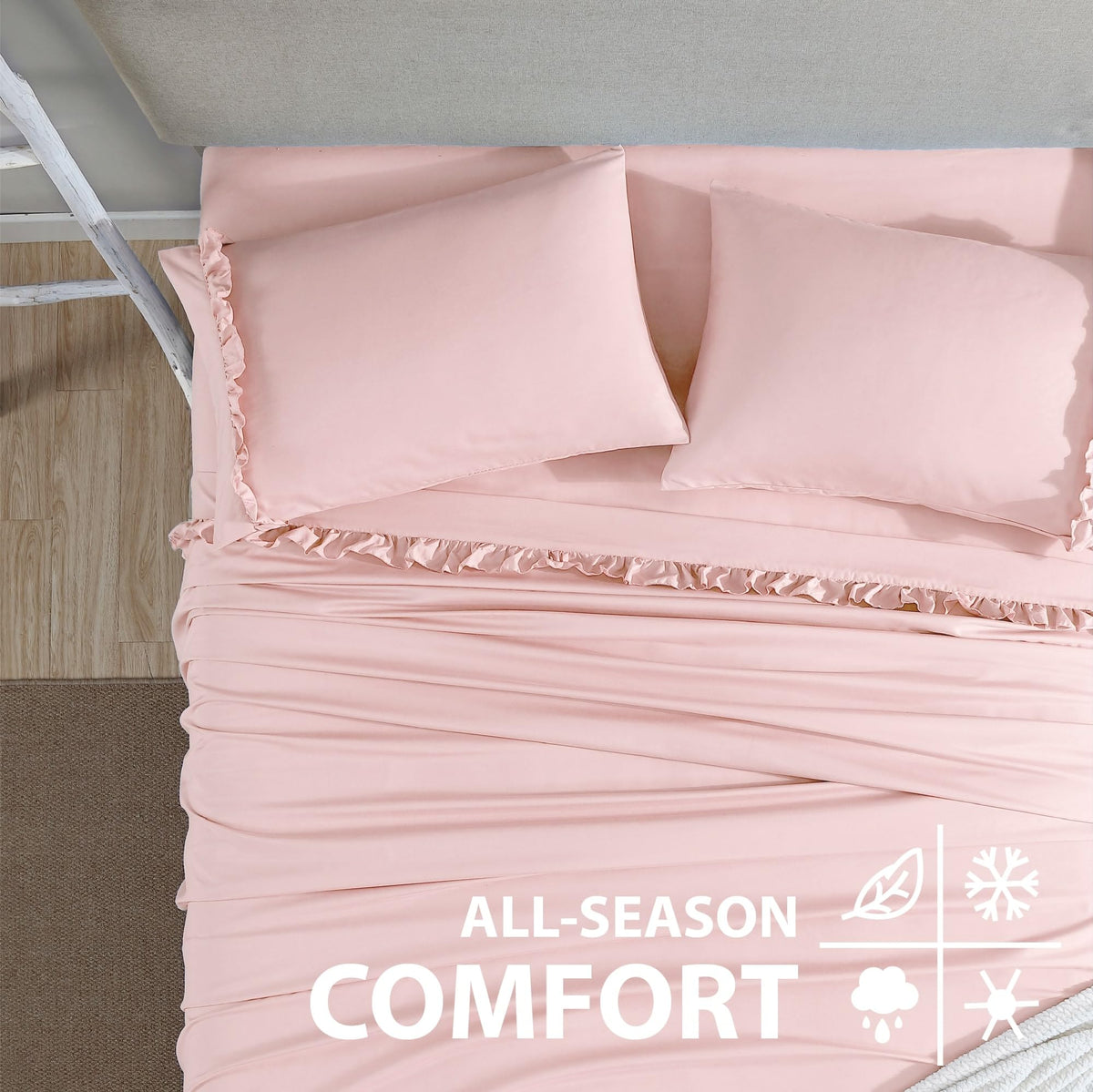 Swift Home Ultra-Soft Elegant 2-inch Ruffled Hem Design on Flat Sheet and Pillowcases, Wrinkle Resistant, Fade Resistant, Deep Pocket, Double Brushed 4-Piece Microfiber Sheet Set - King, Rose Blush