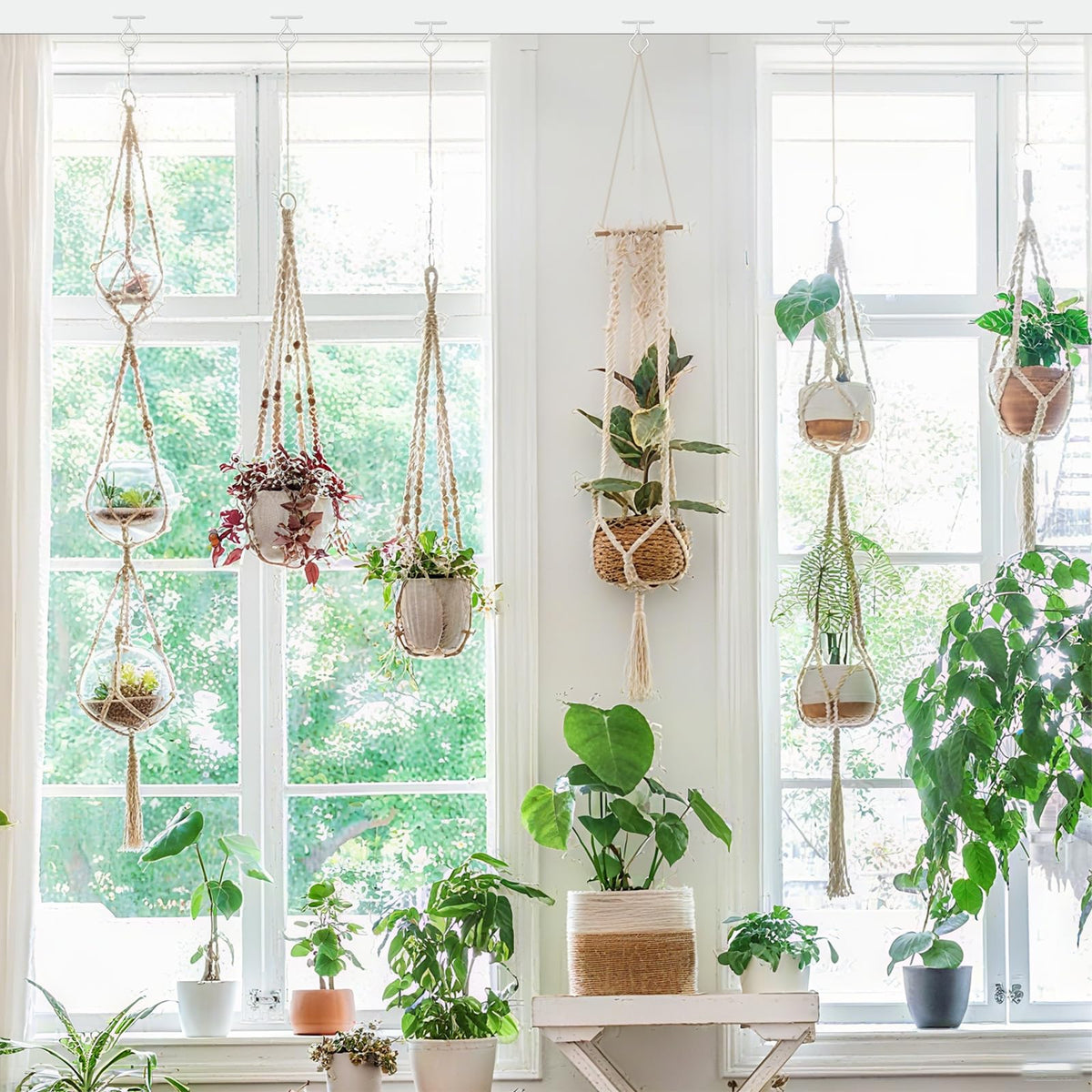 Emiluil 6 Pcs White Ceilling Hooks for Hanging Plants Holder with Safety Buckle,Ceiling Decor Hook Heavy Duty,Metal Plant Hanger Indoor&Outdoor.Hooks for Hanging Plants,Wind Chime,Bird Feeders
