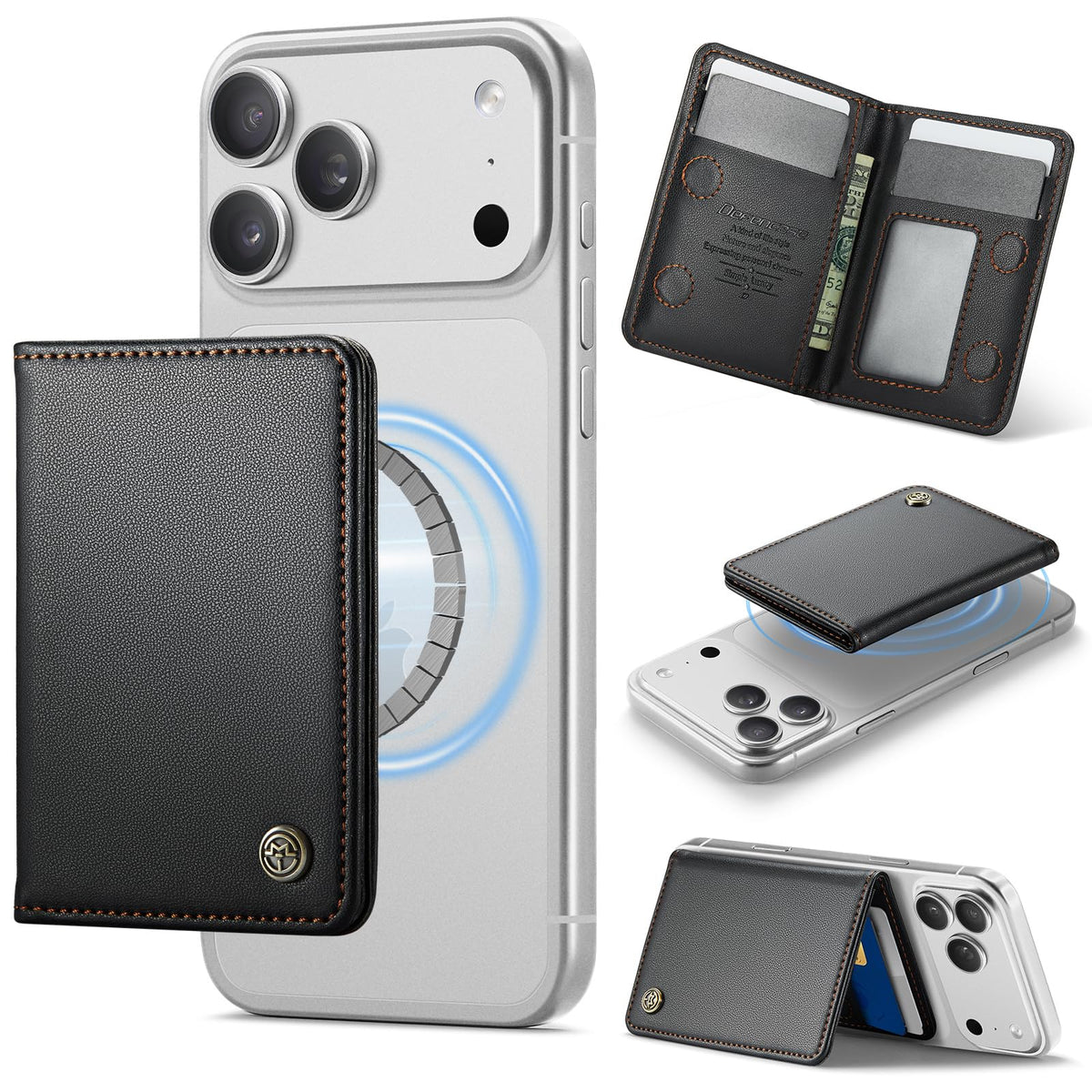 Defencase for Magsafe Wallet Magnetic Card Holder RFID Blocking, PU Leather Minimalist Phone Wallet for MagSafe Phones and Cases for iPhone 17/16/ 15/14/ 13/12/ Pro/Max/Plus/Air, Black