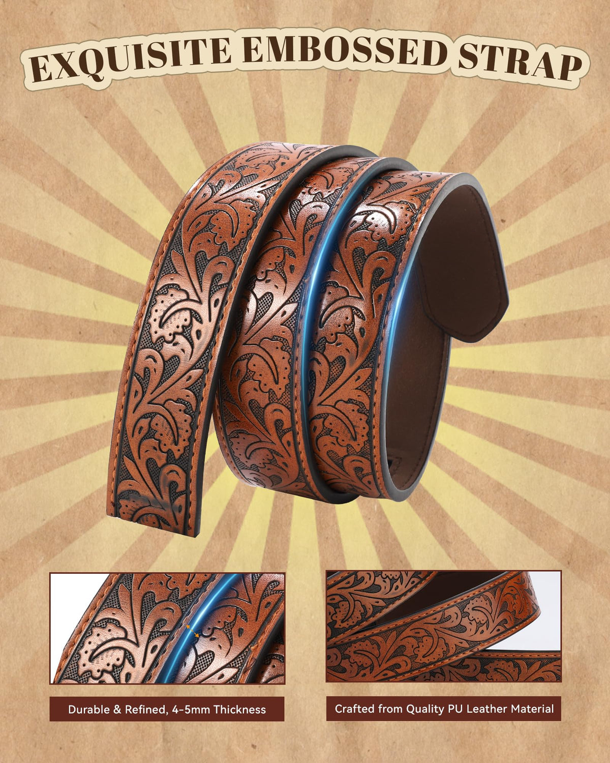 AWAYTR Kids Ratchet Western Belt - PU Leather Cowboy Belt Adjustable Toddler to Big Kid Sizes for Jeans (Gunmetal Gold Horse-Brown, Fit Waist: 23"-26")