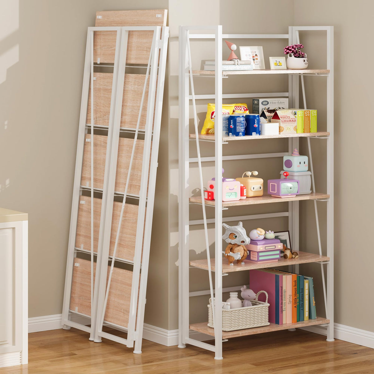 BHG Vintage Multifunctional Folding Bookshelf, No-Assembly Plant Stand Storage Rack Shelves for Home Office (White, 5-Tier)