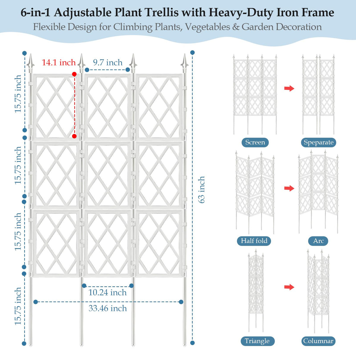 DEVISEFUN 5.25FT Garden Trellis for Climbing Plants Outdoor, White Iron Pipe Support Fence, Metal Wall Trellis Climbing Frame, Trellis for Potted Plants Indoor for Ivy Vines Vegetable Flower
