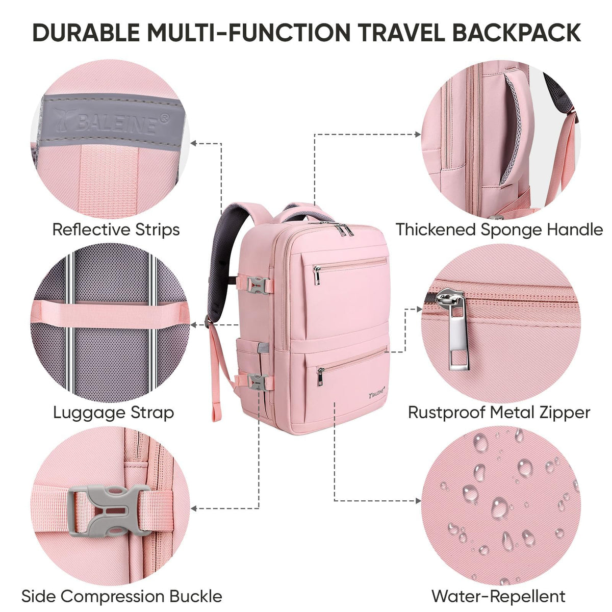 BALEINE Travel Backpack for Women Men, Large Sturdy Carry On Laptop Backpack Gifts for Business, Casual, Weekender, Hiking (Large, Pink)