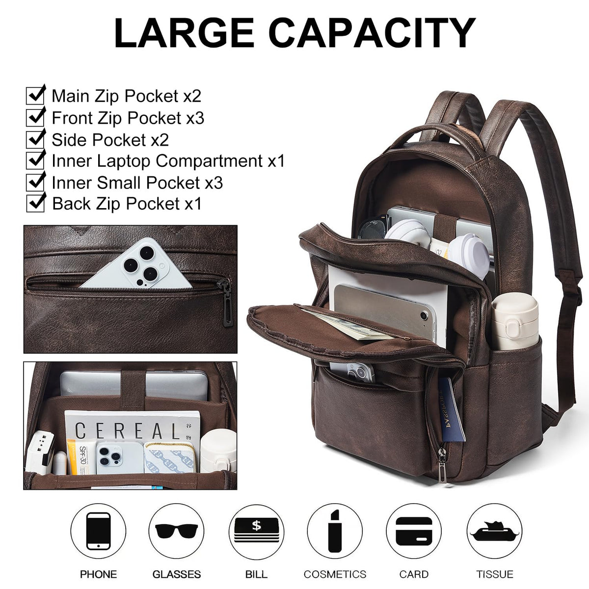 LATMAP 30L Backpack Purse for Women Men Laptop Backpack, Faux Leather Travel Work Backpack Teacher Bookbag fits 15.6" Laptop,Coffee
