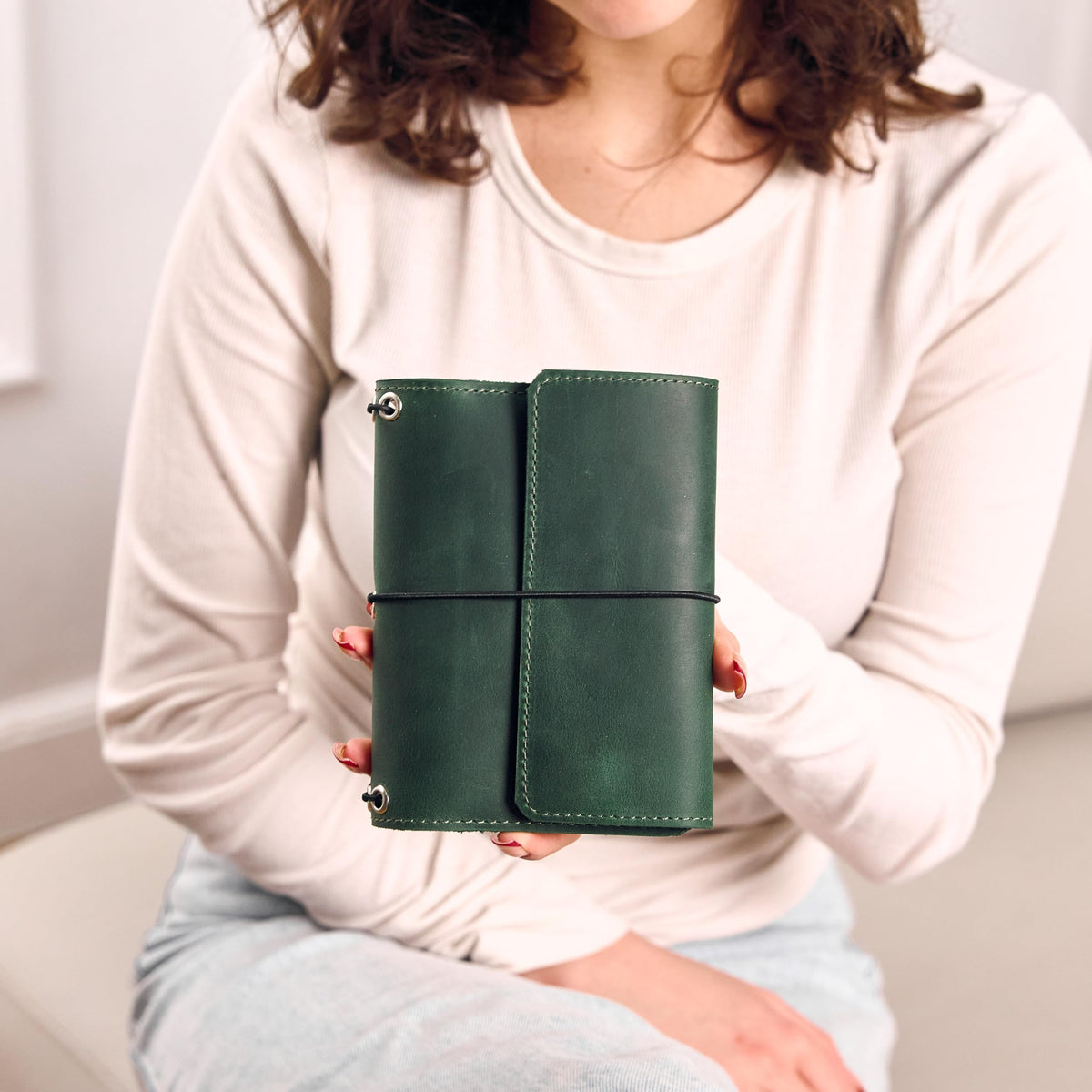 TORAKIP Genuine Leather A6 Journal Cover – Refillable Handmade Notebook Cover with 3 Elastic Bands, Pen Loop & Card Pockets – Travel Diary Case Fits A6 4.1" x 5.8" Notebooks (Paper Not Included), Green
