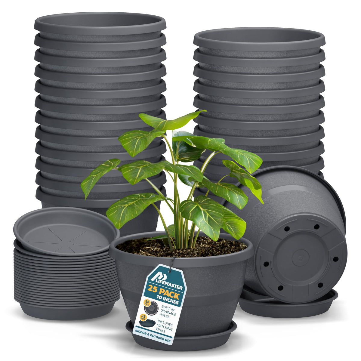 10-Inch Whiskey Barrel Planters Outdoor Pack of 25 - Durable Plastic Plant Pots for Indoor & Outdoor Use with Drainage & Saucer, Lightweight Rustic Barrel Planters for Flowers, Herbs & Small Plants