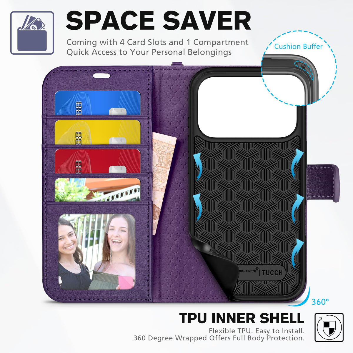 TUCCH Case Wallet for iPhone 17 Pro (6.3") 2025, Wrist Strap, Stand, RFID Blocking, 4 Card Holder, TPU Shockproof Shell, PU Leather, Magnetic Closure Folio Protective Cover, Deep Purple