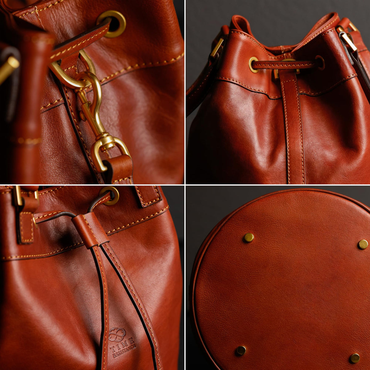 Time Resistance Leather Bucket Bag - Full Grain Leather Tote Bag for Women (Cognac Brown)